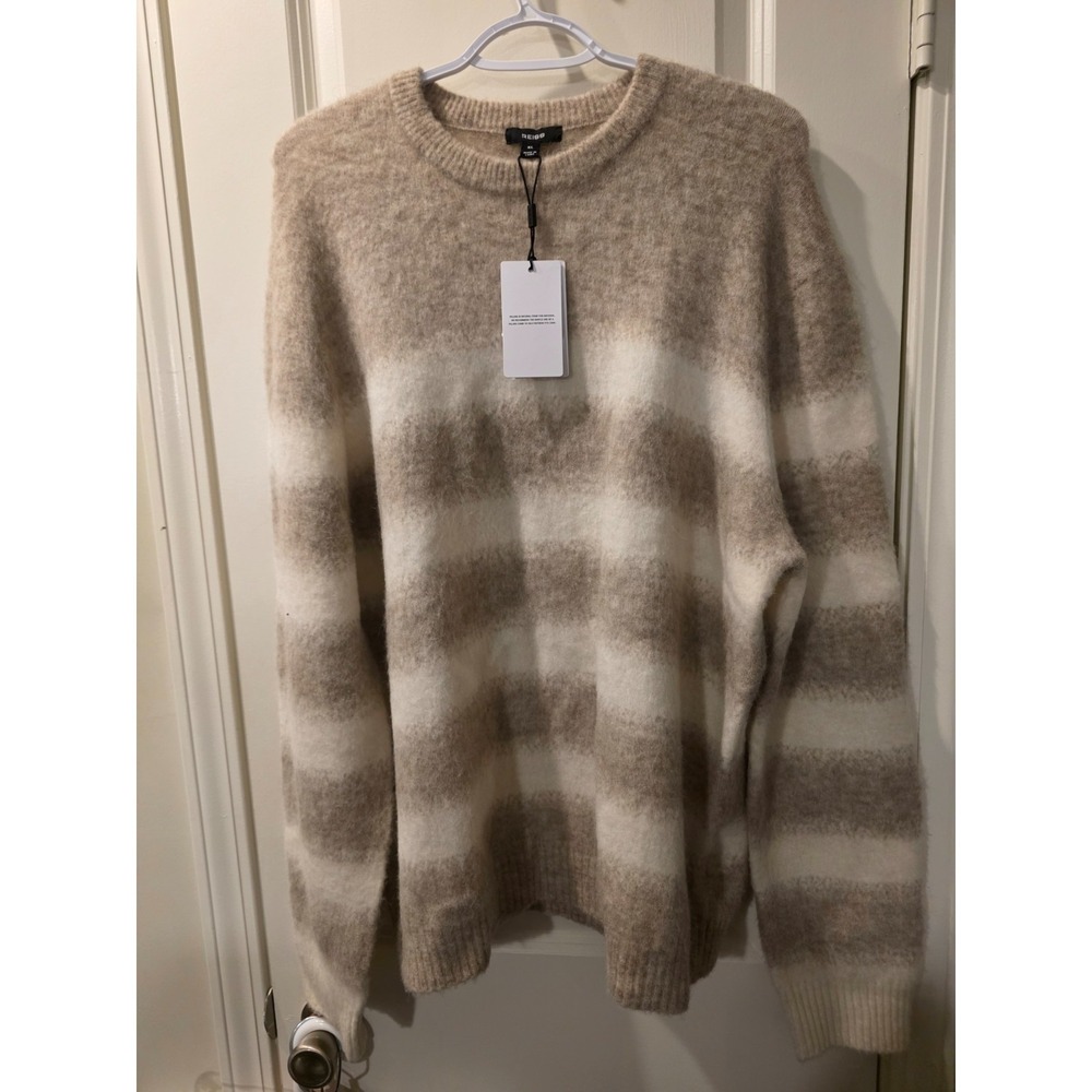 Reiss Men's Tan Striped 100% Wool  Crewneck Sweater SZ XL